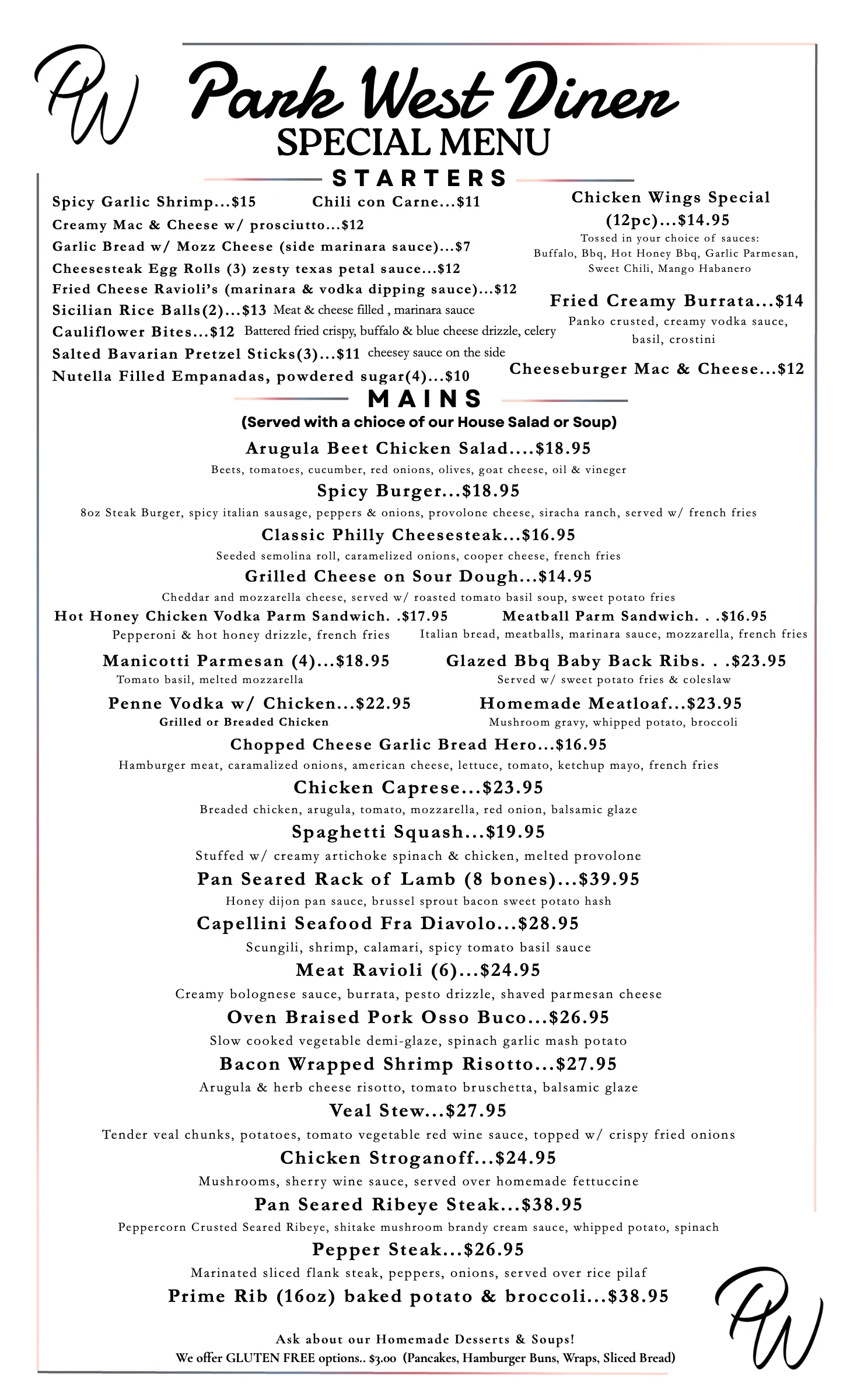 Park West Diner dinner specials menu, page 1 of 1