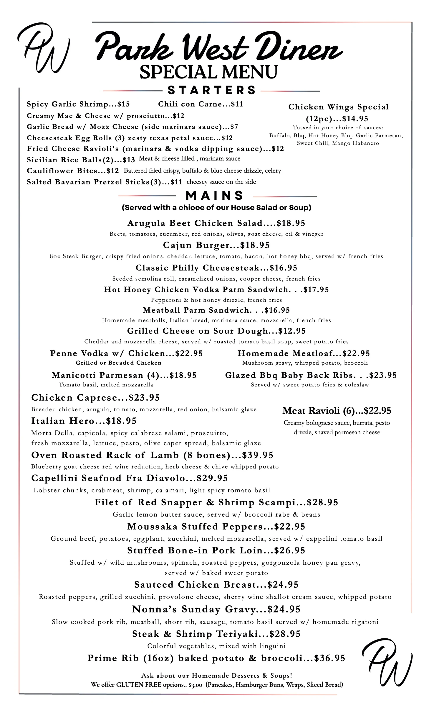 Park West Diner dinner specials menu, page 1 of 1